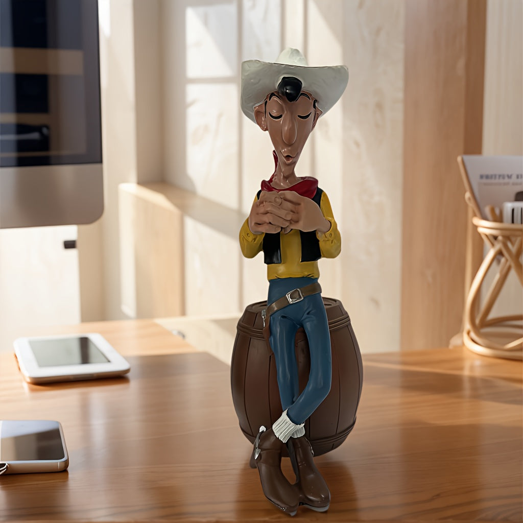 Tirelire cow-boy en résine, figurine assise sur un tonneau