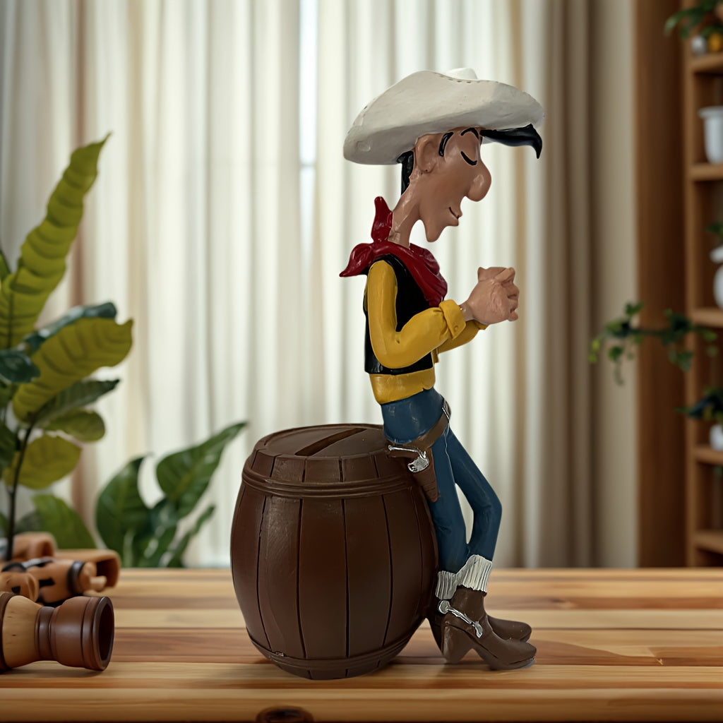 Tirelire cow-boy en résine, figurine assise sur un tonneau