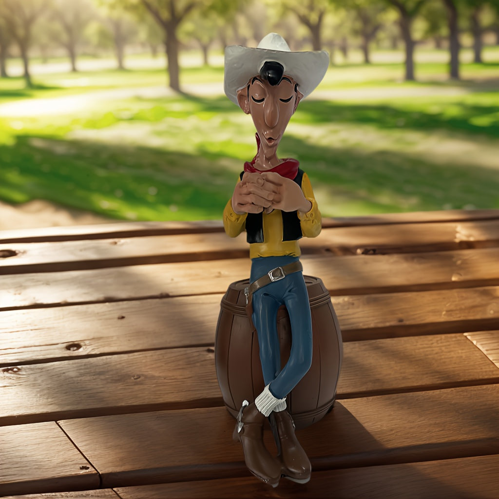 Tirelire cow-boy en résine, figurine assise sur un tonneau