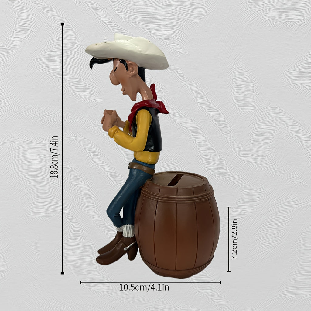 Tirelire cow-boy en résine, figurine assise sur un tonneau