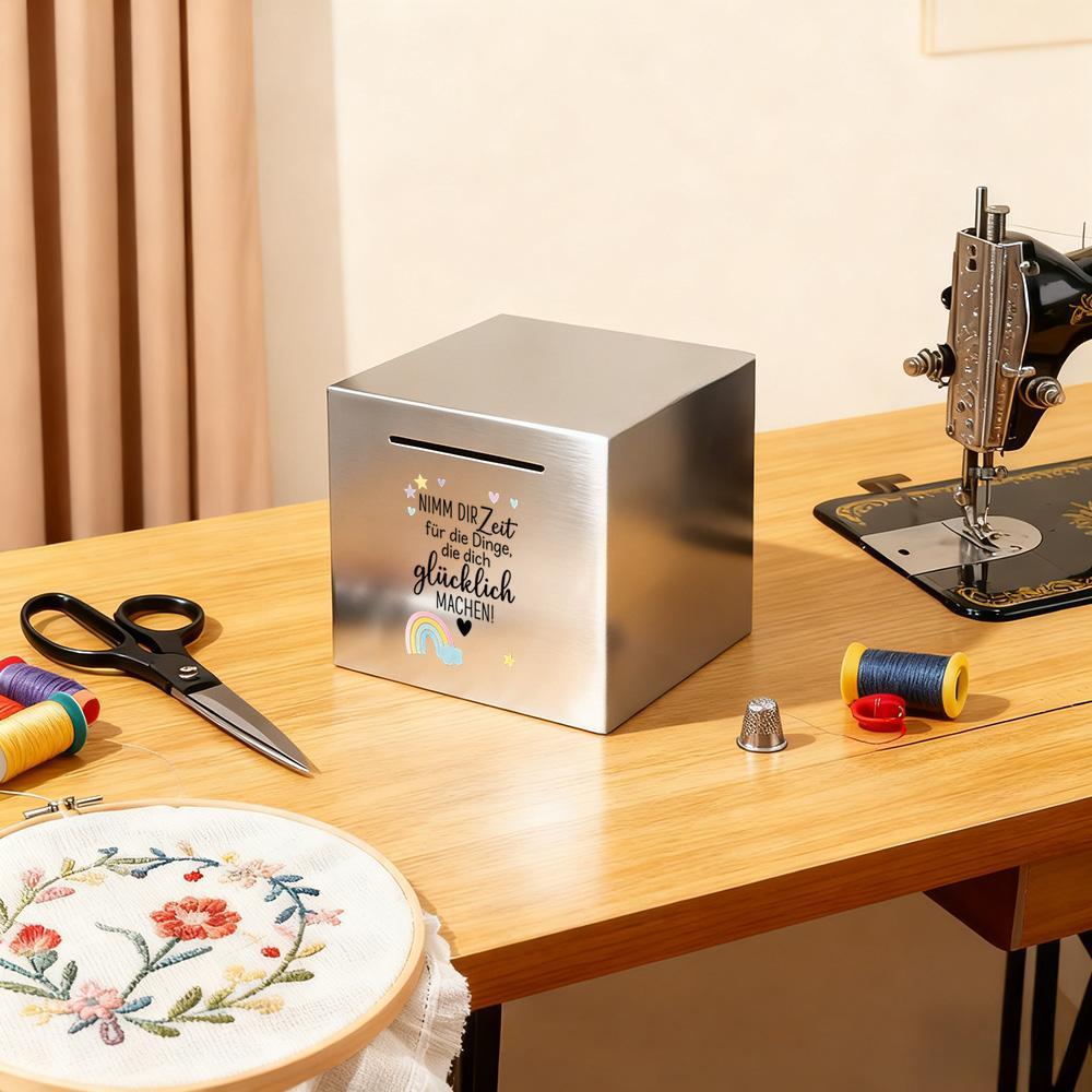 Tirelire cube en acier brossé 12 cm — Arc-en-ciel pastel
