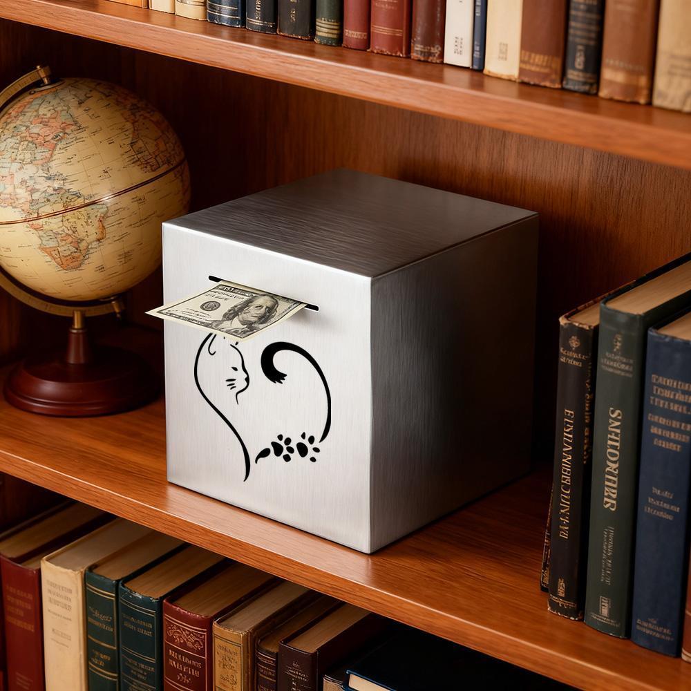 Tirelire cube en acier brossé à motif de chat — Sans ouverture