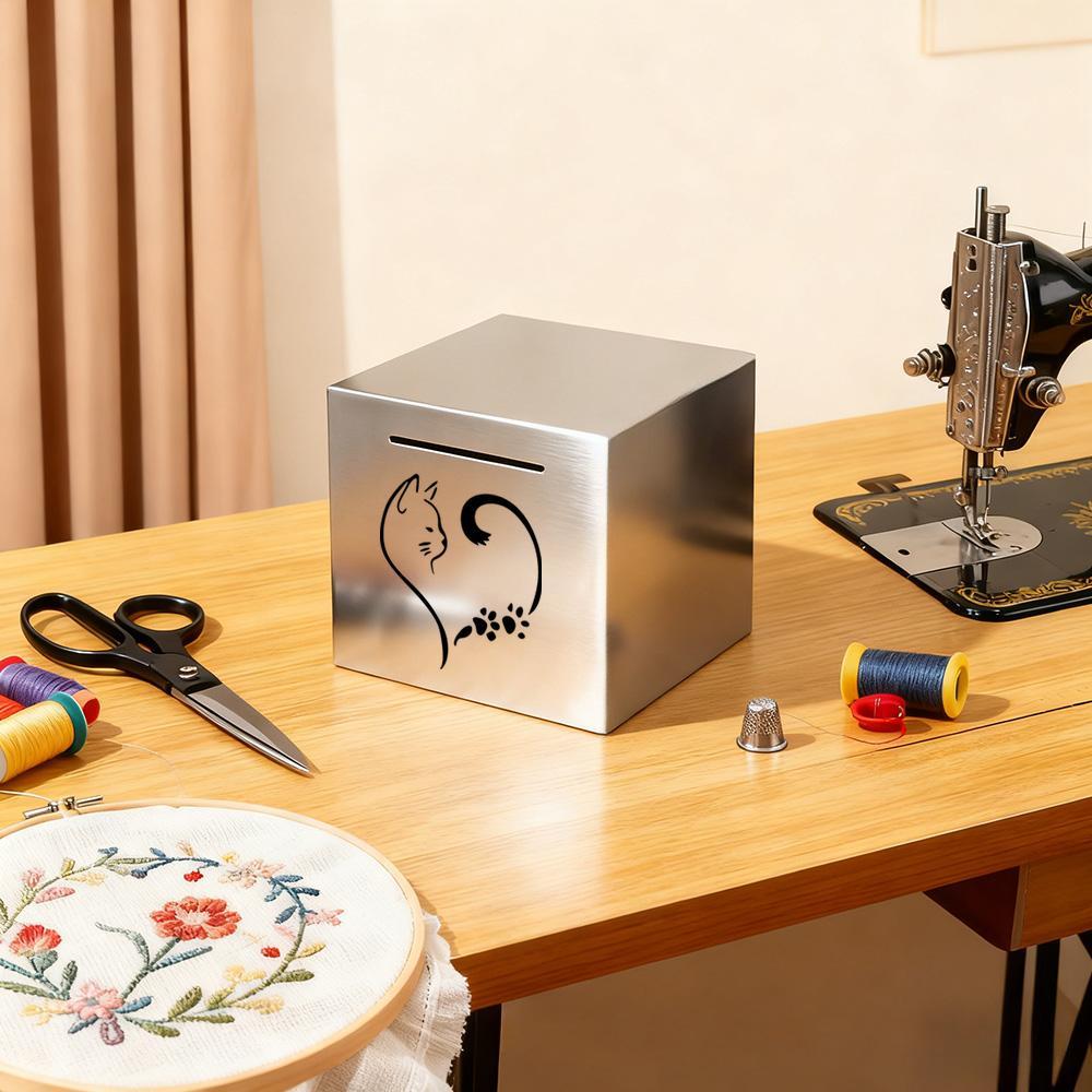 Tirelire cube en acier brossé à motif de chat — Sans ouverture
