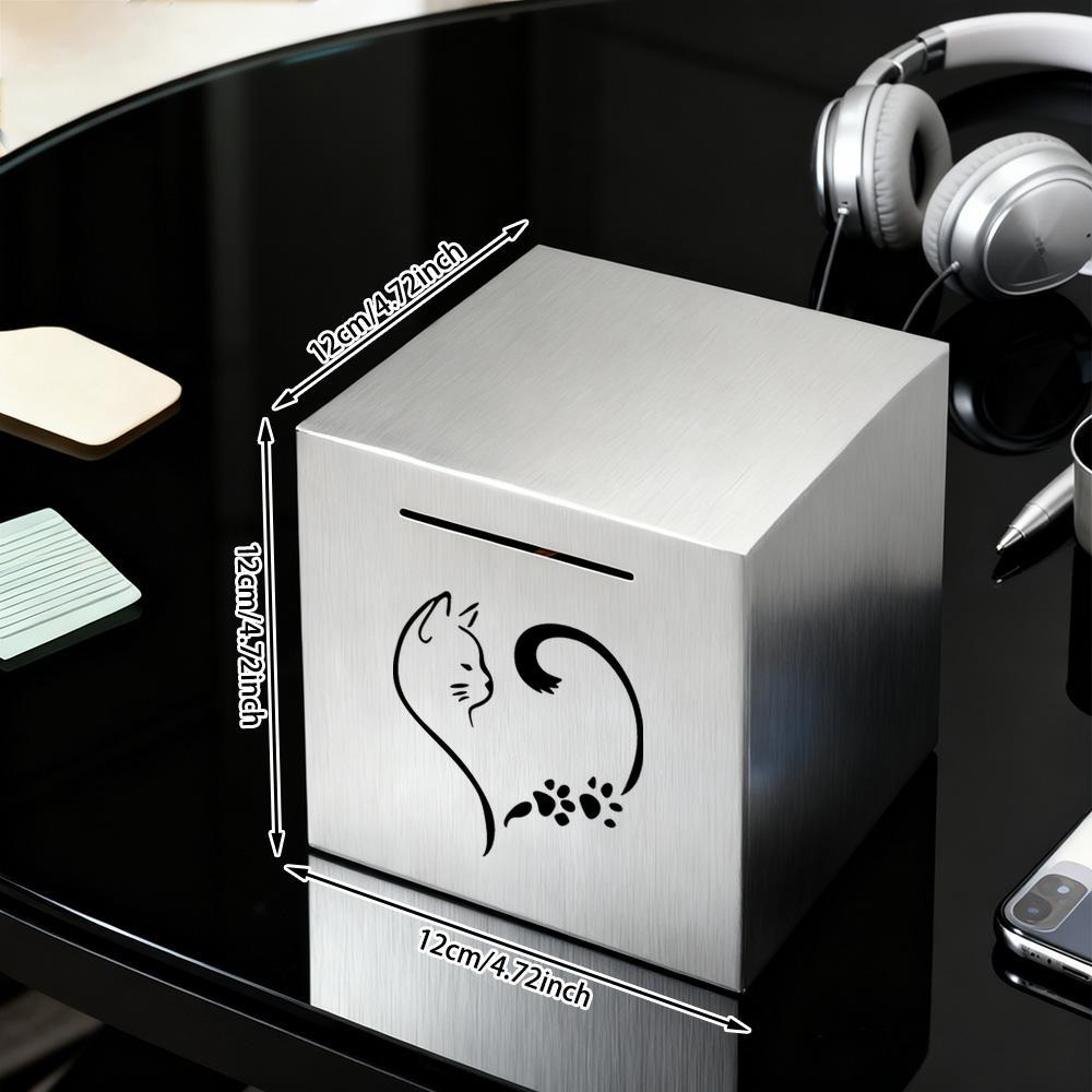 Tirelire cube en acier brossé à motif de chat — Sans ouverture