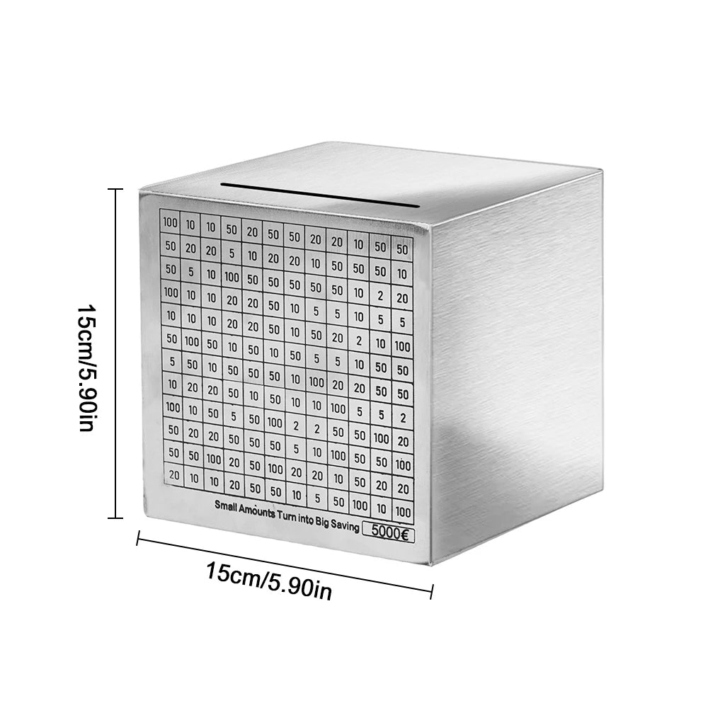 Tirelire cube en acier inoxydable, défi d'épargne 144 jours