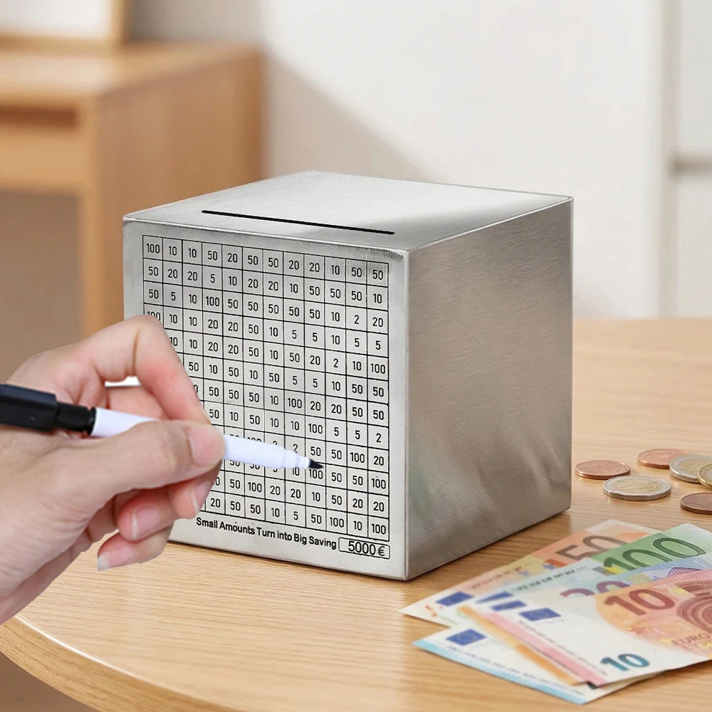 Tirelire cube en acier inoxydable, défi d'épargne 144 jours