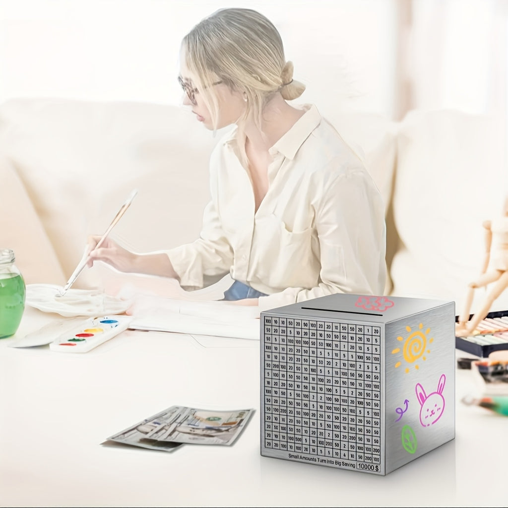 Tirelire cube en acier inoxydable, défi d'épargne à cocher