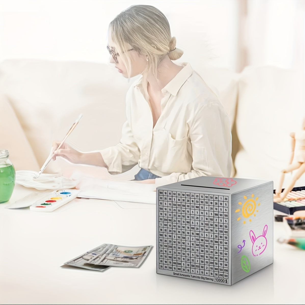 Tirelire cube en acier inoxydable, défi d'épargne à cocher
