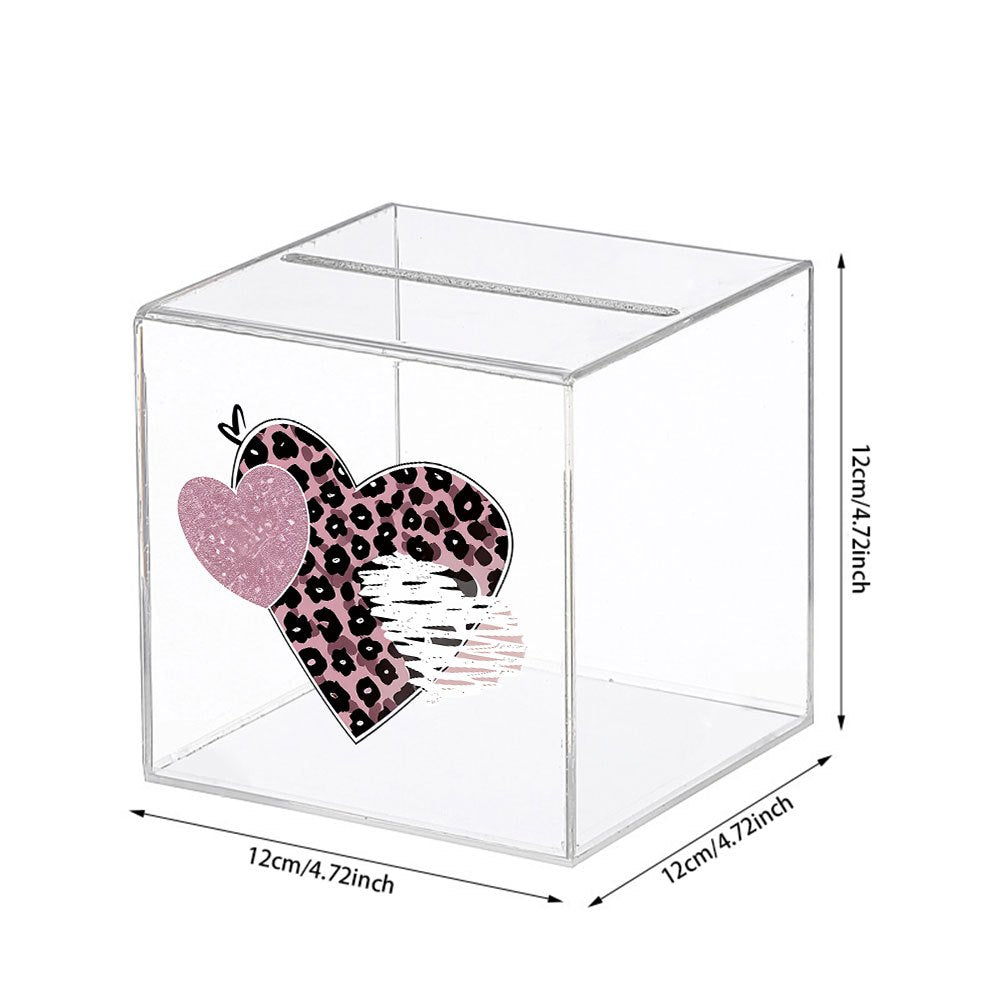 Tirelire cube en acrylique, deux cœurs imprimés léopard