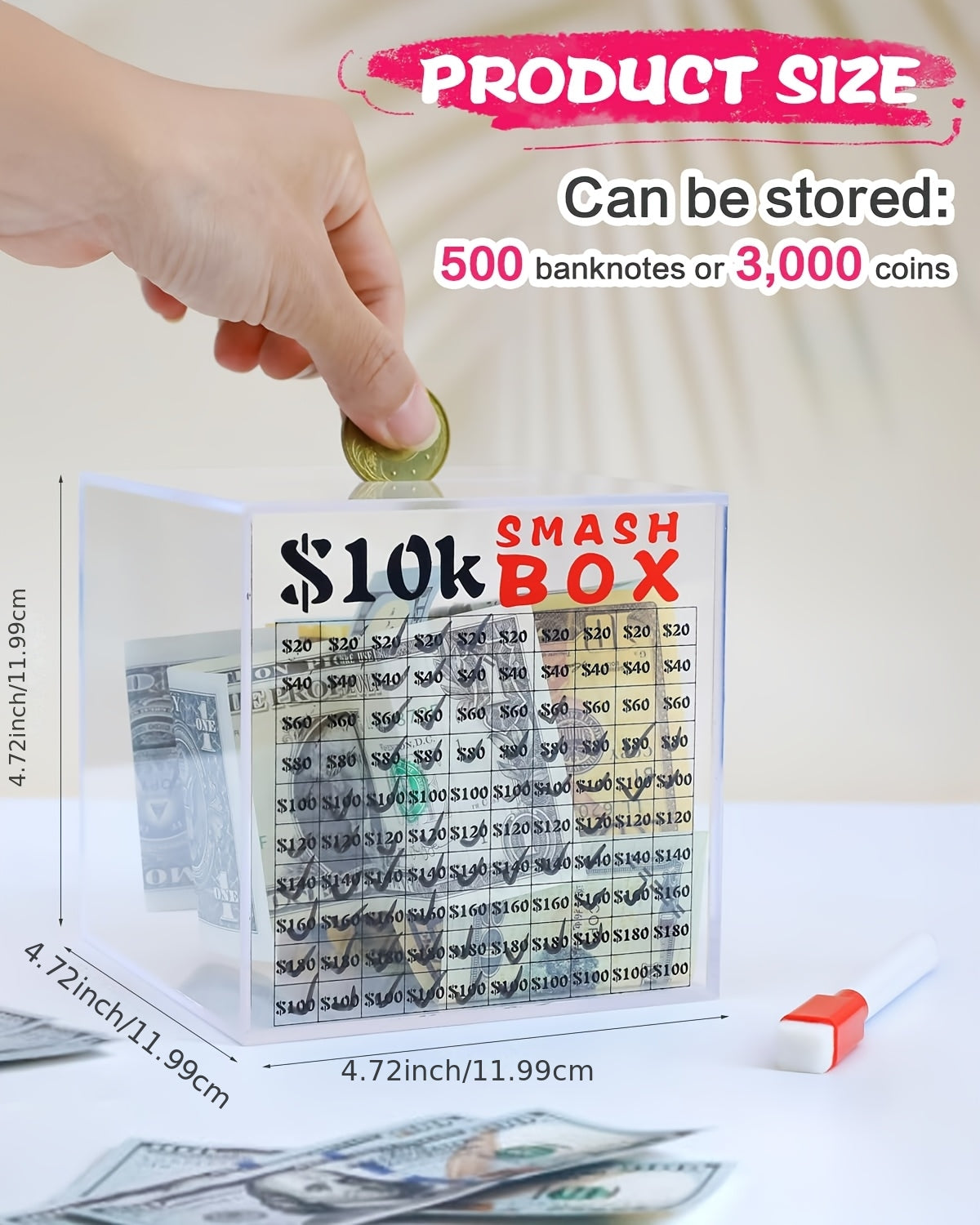 Tirelire cube acrylique, défi d'épargne à 100 cases