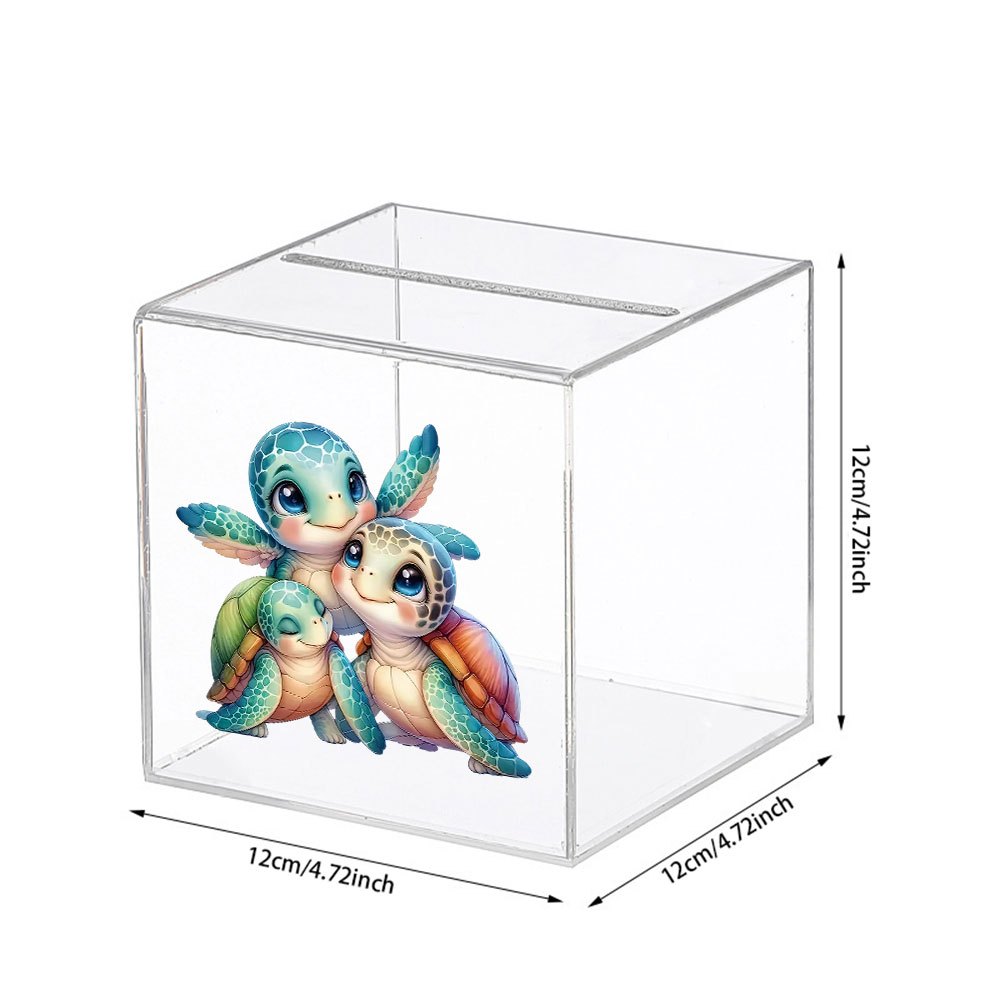Tirelire cube d'acrylique limpide — Trio de tortues, 12 cm