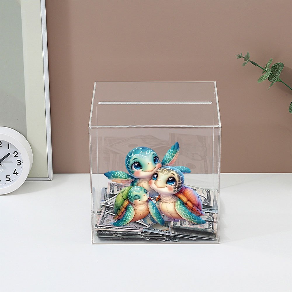 Tirelire cube d'acrylique limpide — Trio de tortues, 12 cm