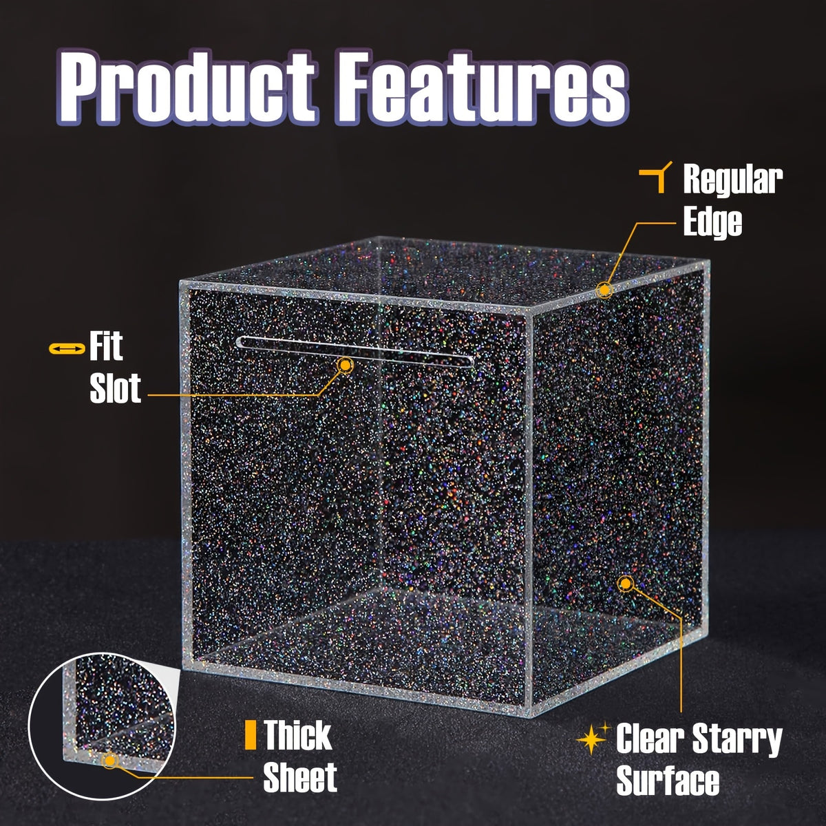 Tirelire cube en acrylique pailleté 12 cm, sans ouverture