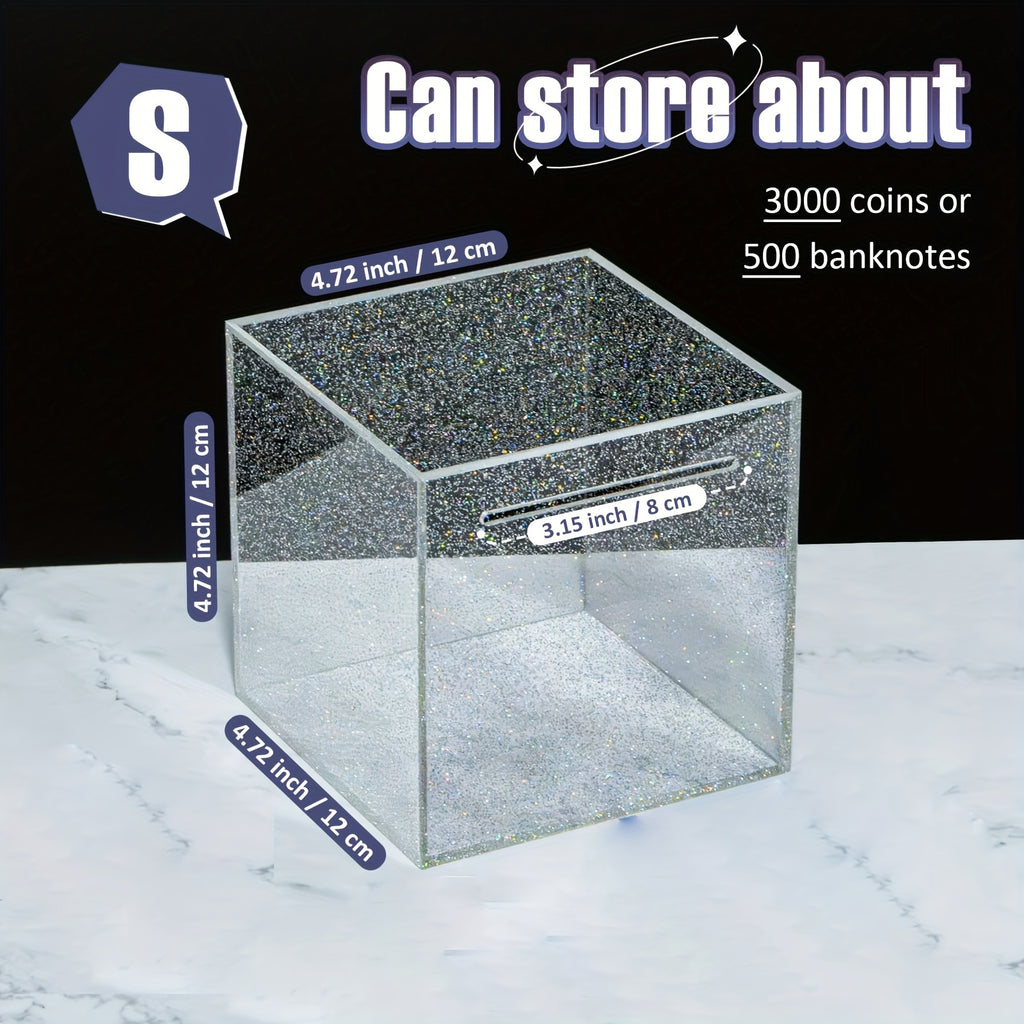 Tirelire cube en acrylique pailleté 12 cm, sans ouverture