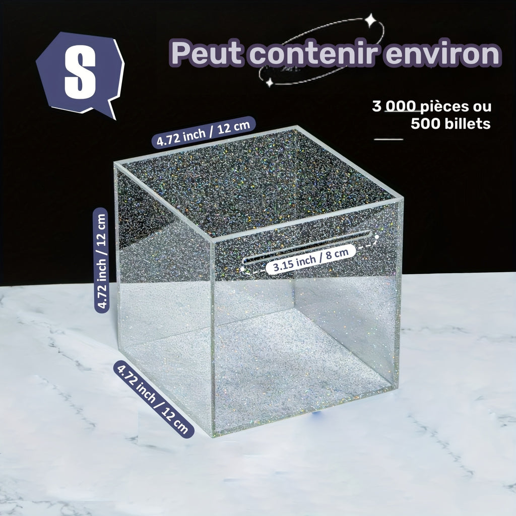 Tirelire cube en acrylique pailleté 12 cm, sans ouverture