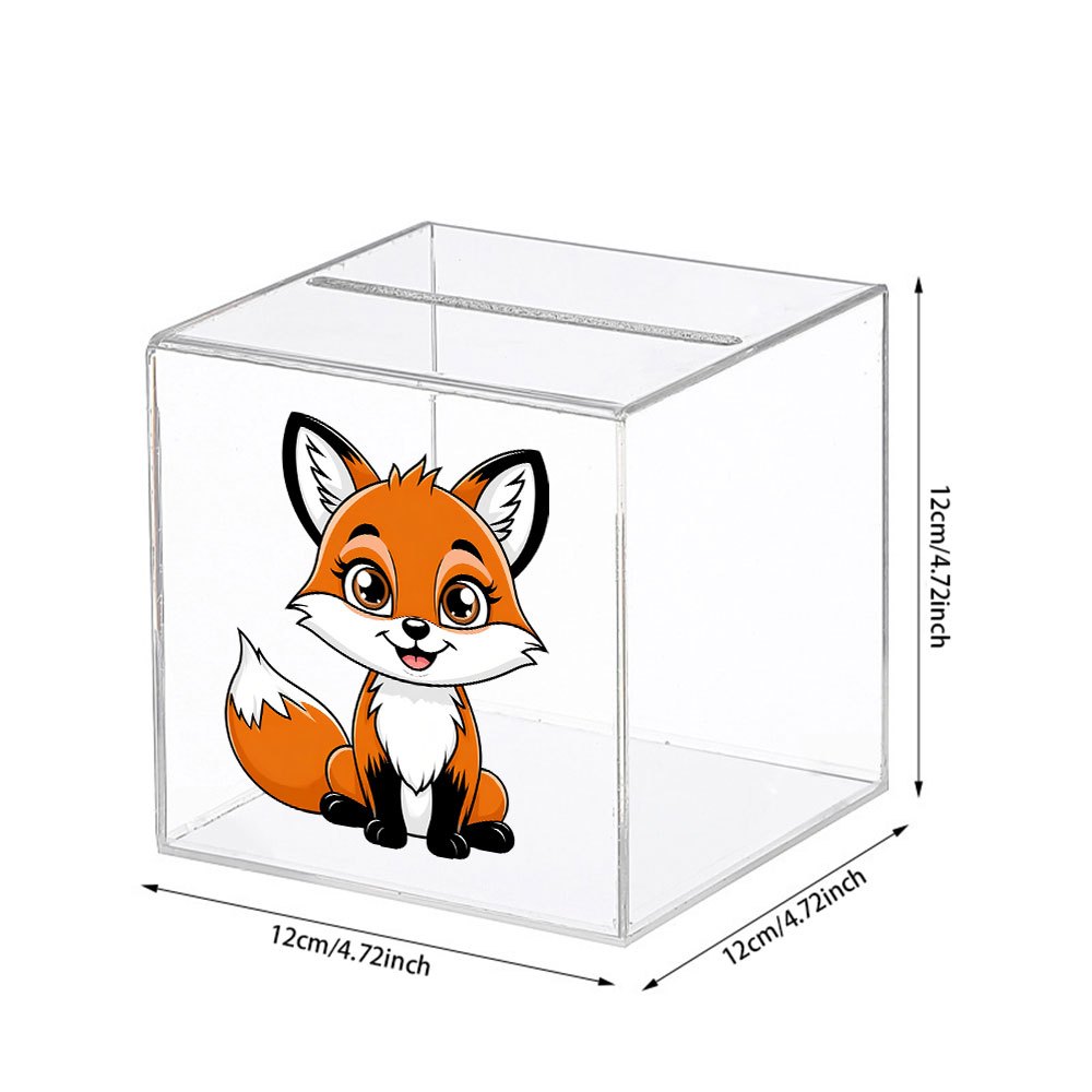 Tirelire cube acrylique scellé, renard assis, 12 cm d'arête
