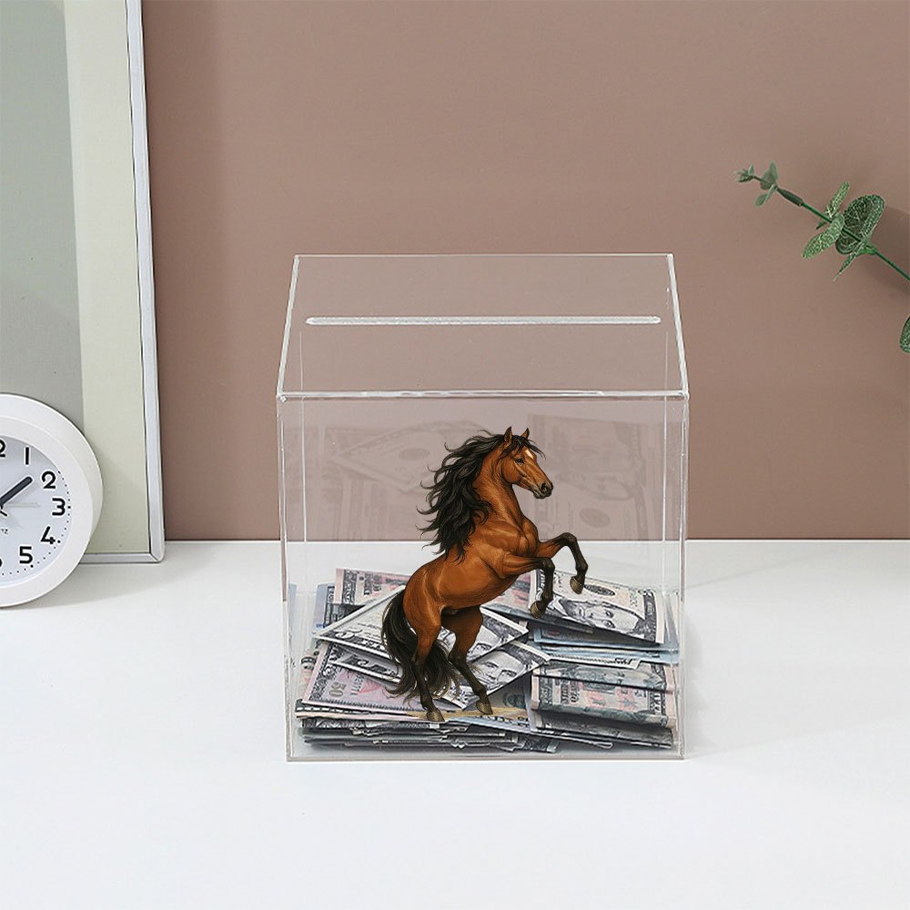 Tirelire cube acrylique scellé à cheval cabré, 12 cm d'arête