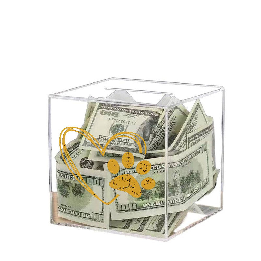 Tirelire cube acrylique transparent, motif cœur et patte