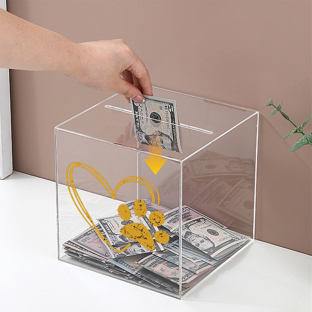Tirelire cube acrylique transparent, motif cœur et patte