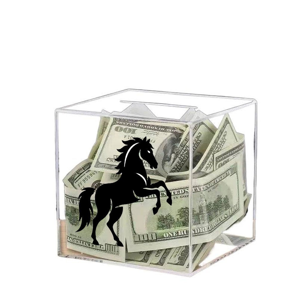 Tirelire cube acrylique transparent à cheval noir, 12 cm