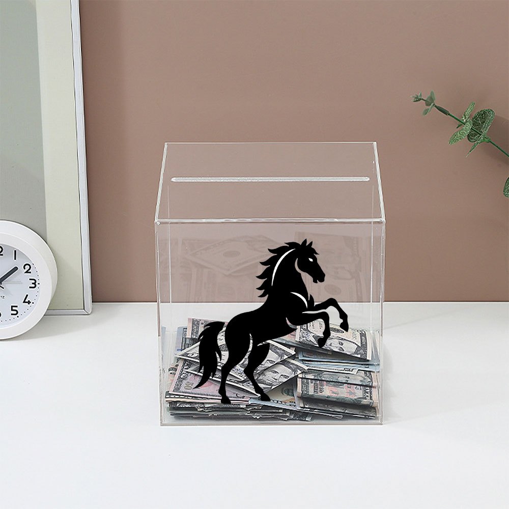 Tirelire cube acrylique transparent à cheval noir, 12 cm