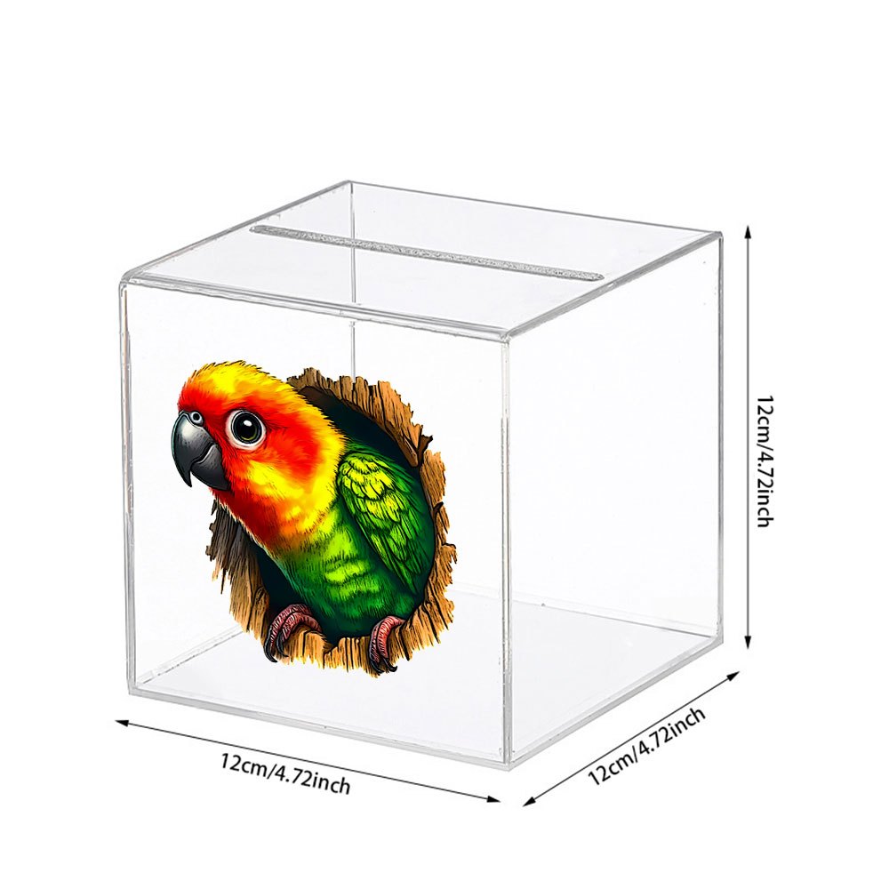 Tirelire cube en acrylique transparent — Perroquet 3D, 12 cm