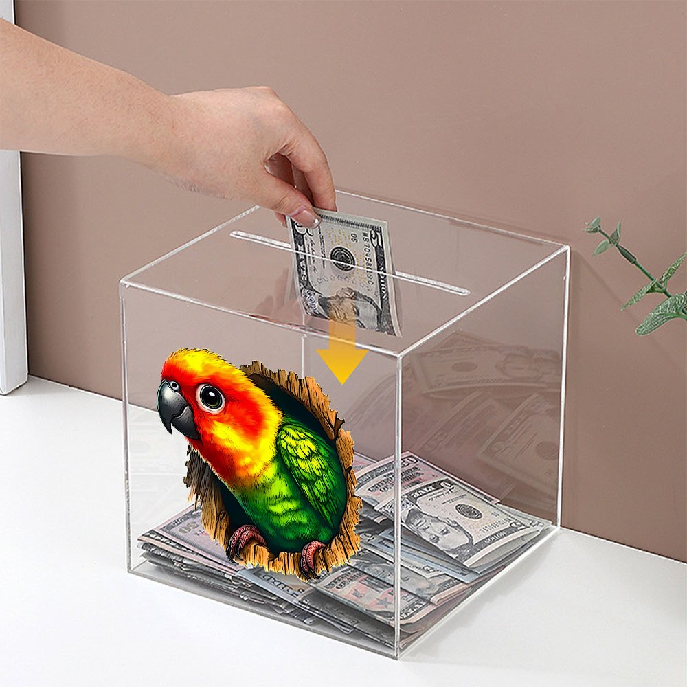 Tirelire cube en acrylique transparent — Perroquet 3D, 12 cm