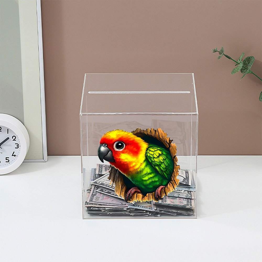 Tirelire cube en acrylique transparent — Perroquet 3D, 12 cm