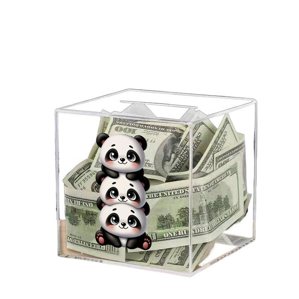 Tirelire cube en acrylique 12 cm — Trois pandas empilés