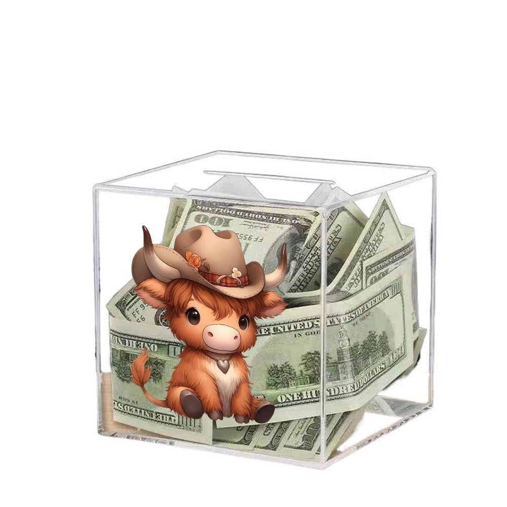 Tirelire cube acrylique transparent, vachette au chapeau de cowboy
