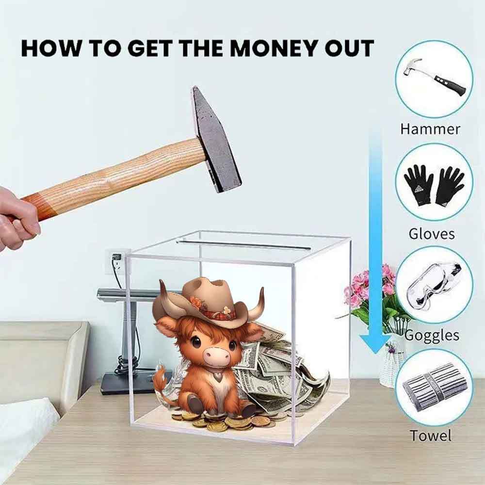Tirelire cube acrylique transparent, vachette au chapeau de cowboy