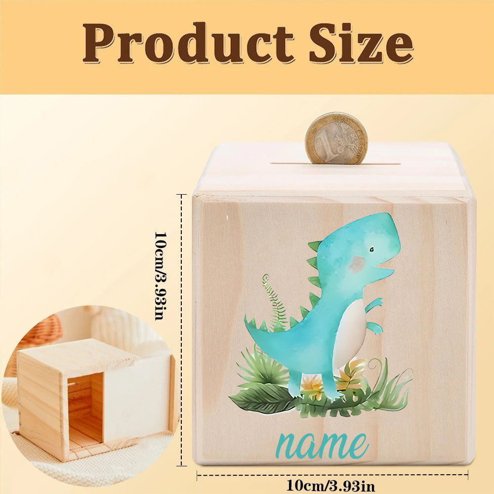 Tirelire cube en bois aquarelle dinosaure jungle