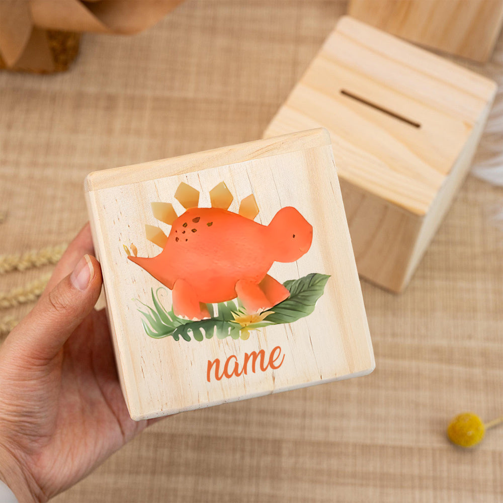 Tirelire cube en bois aquarelle dinosaure jungle