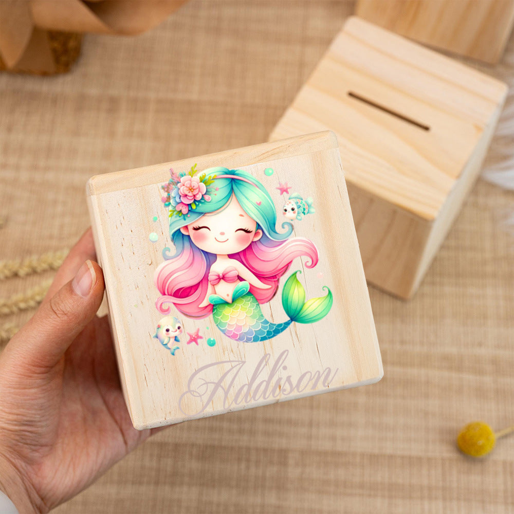 Tirelire cube en bois brut, licorne, fée ou arc-en-ciel