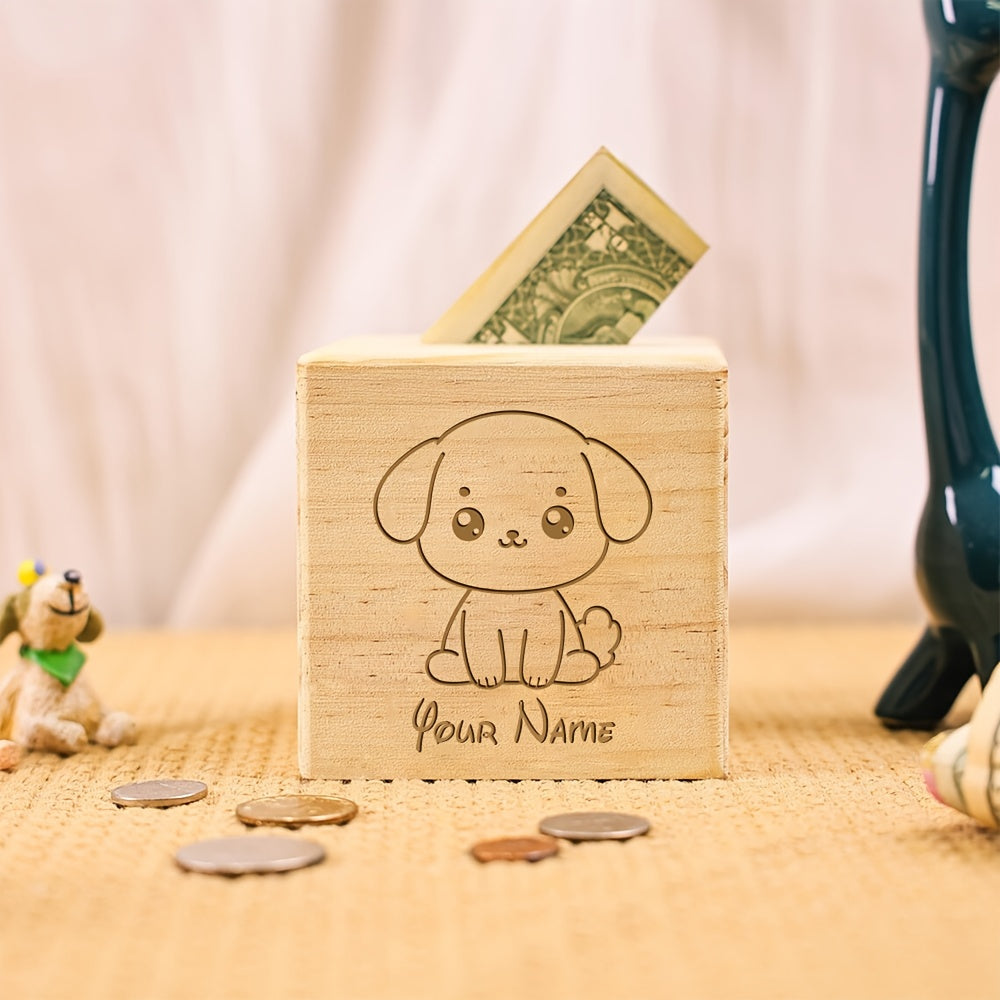 Tirelire cube en bois brut gravée d'un chiot assis