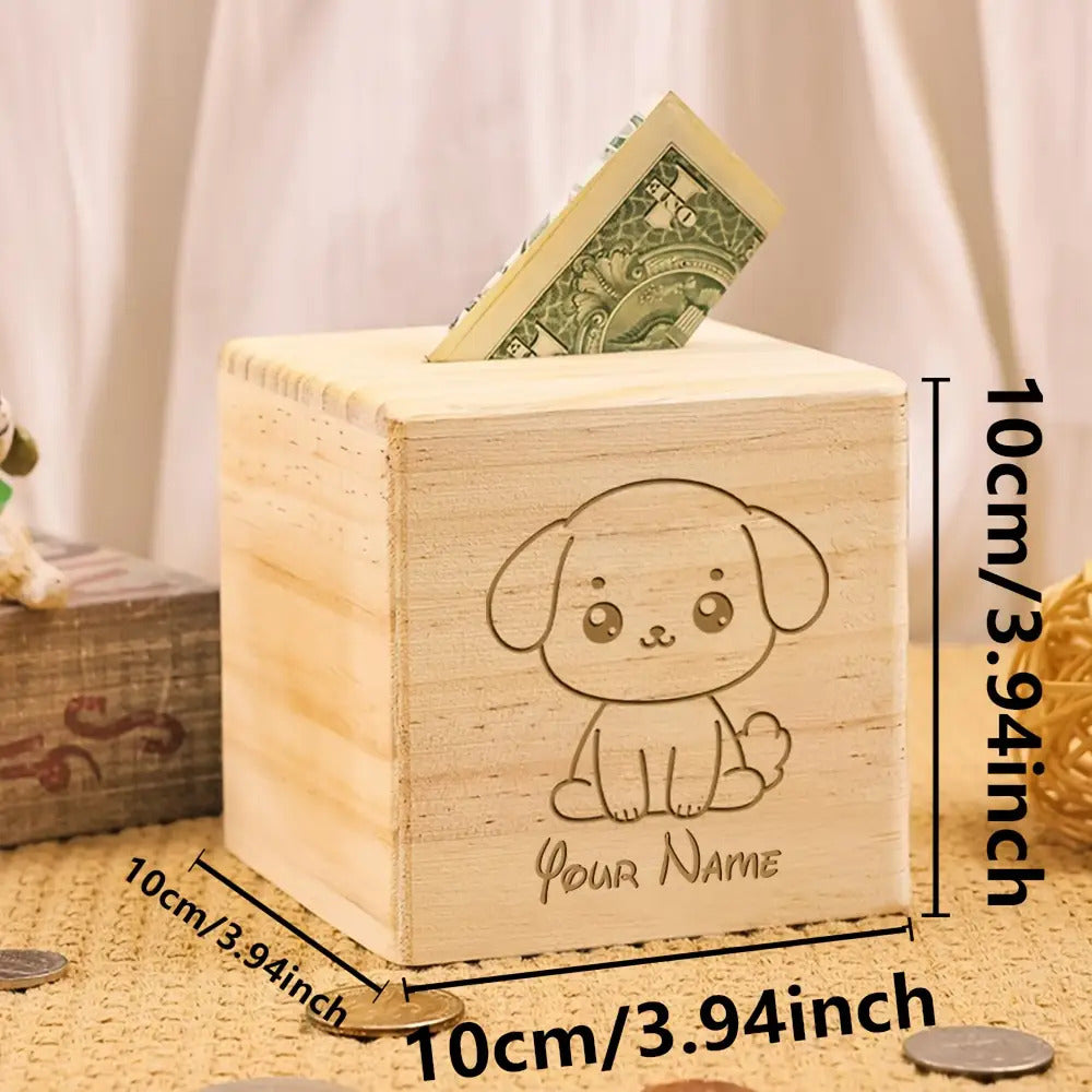 Tirelire cube en bois brut gravée d'un chiot assis