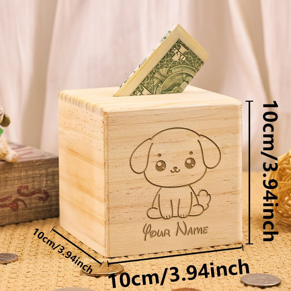 Tirelire cube en bois brut gravée d'un chiot assis