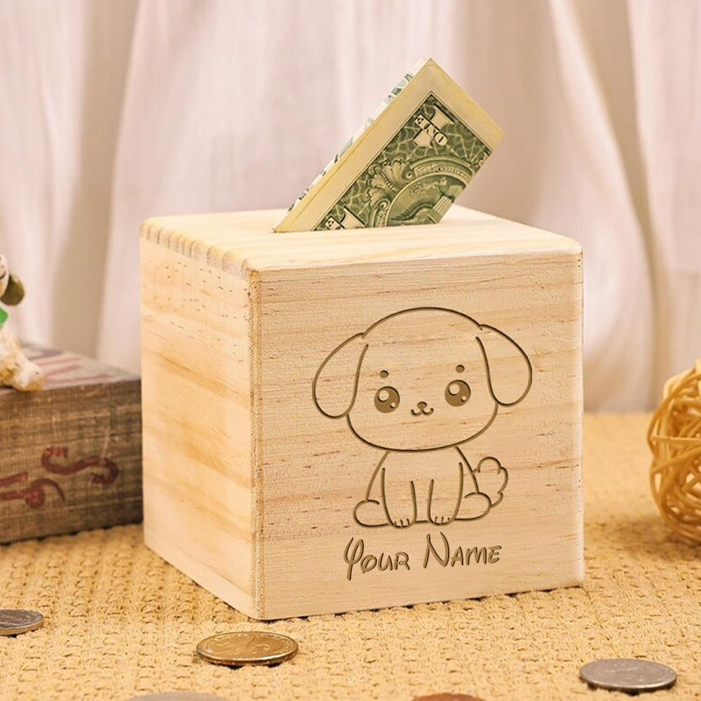 Tirelire cube en bois brut gravée d'un chiot assis