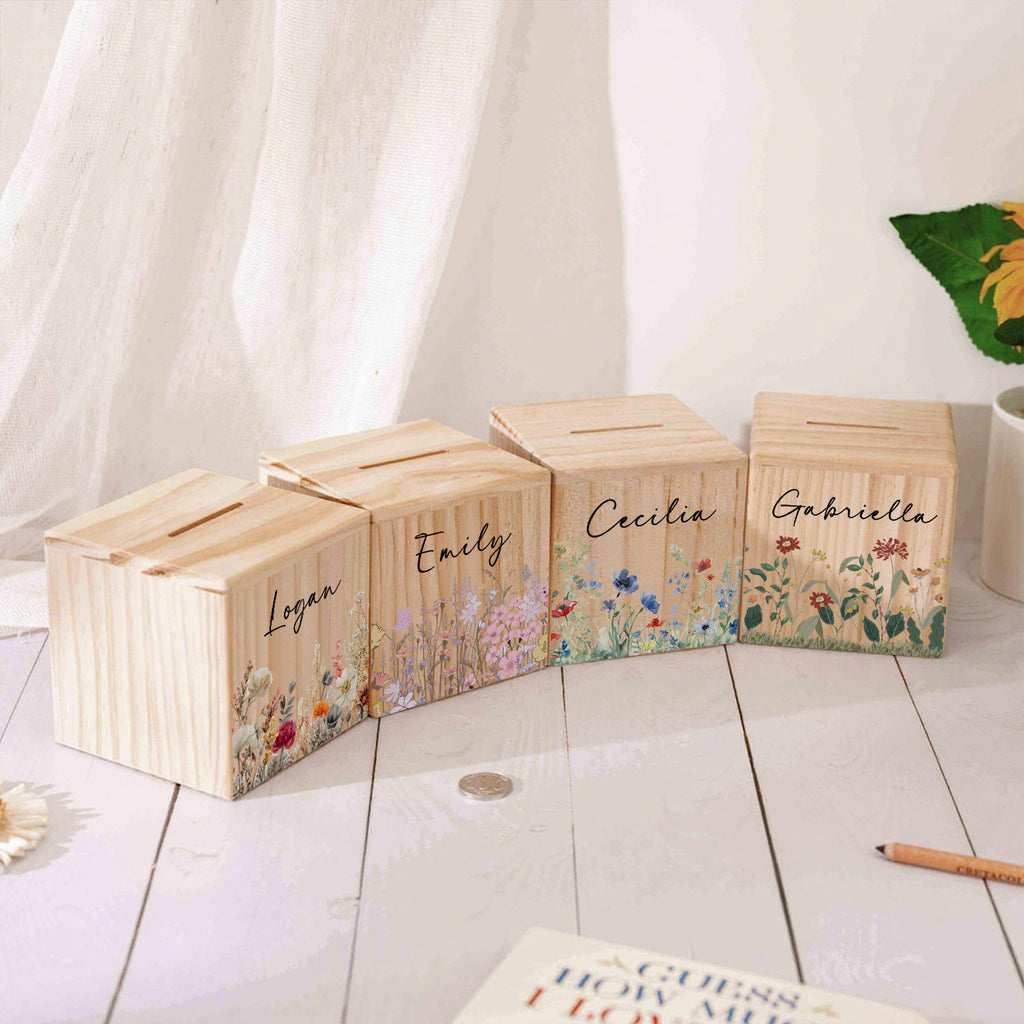 Tirelire cube en bois, champ de fleurs aquarellé sur pin