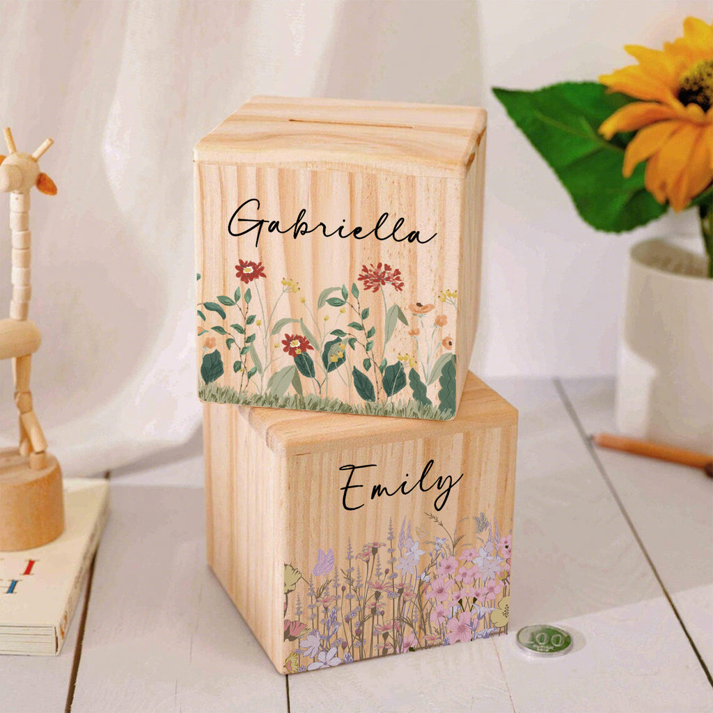 Tirelire cube en bois, champ de fleurs aquarellé sur pin