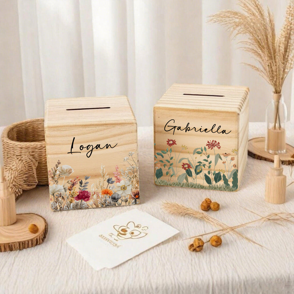 Tirelire cube en bois, champ de fleurs aquarellé sur pin