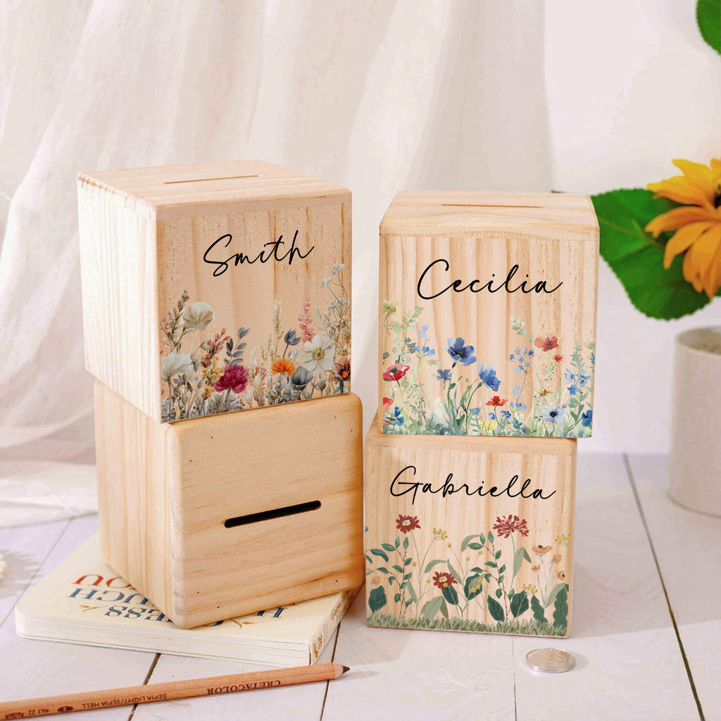 Tirelire cube en bois, champ de fleurs aquarellé sur pin