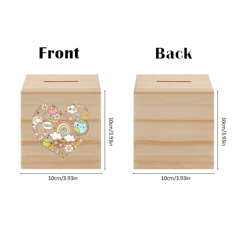 Tirelire cube en bois brut, cœur kawaii et fente à billets