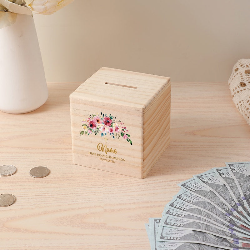 Tirelire cube en bois, couronne florale de communion