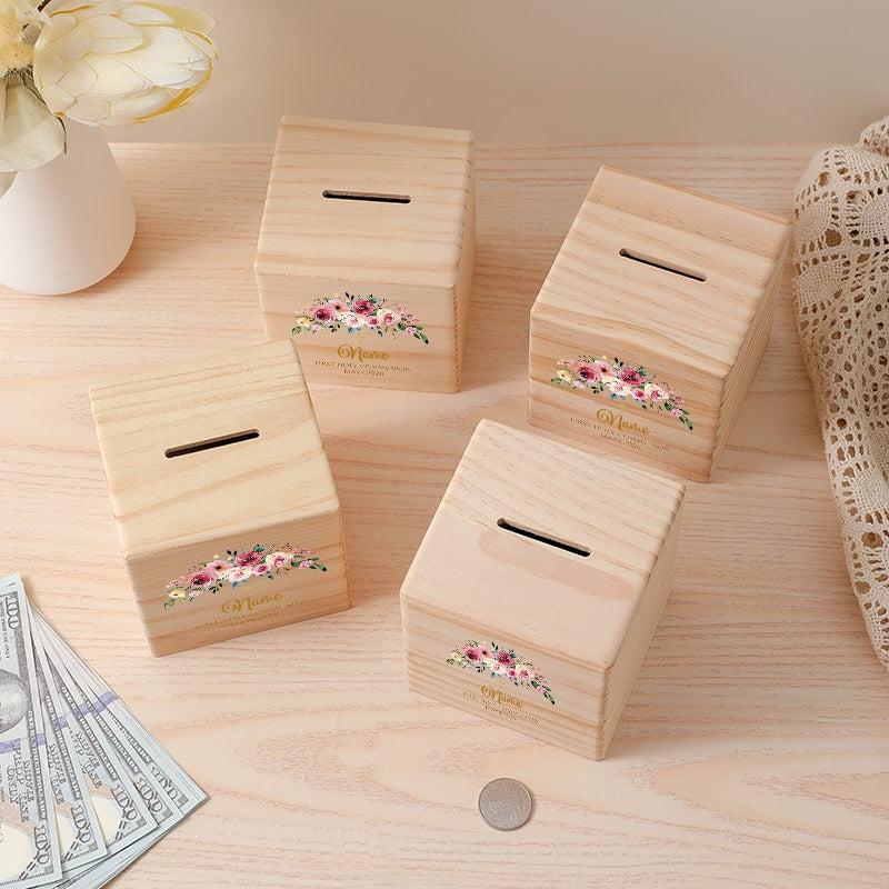 Tirelire cube en bois, couronne florale de communion