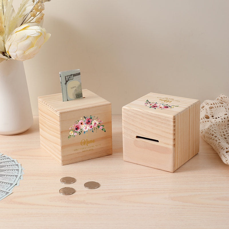 Tirelire cube en bois, couronne florale de communion