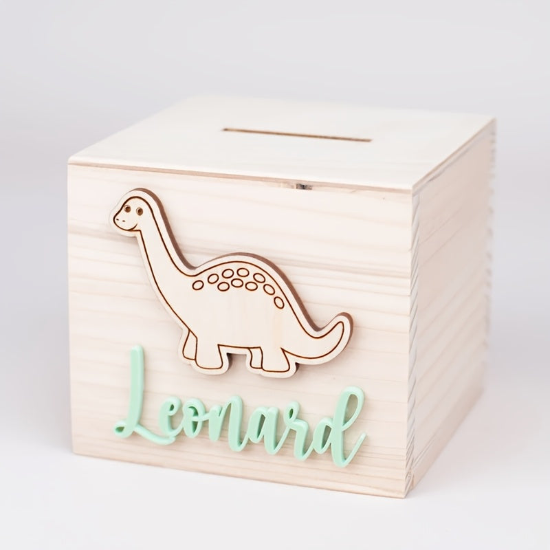 Tirelire cube en bois à dinosaure découpé en relief