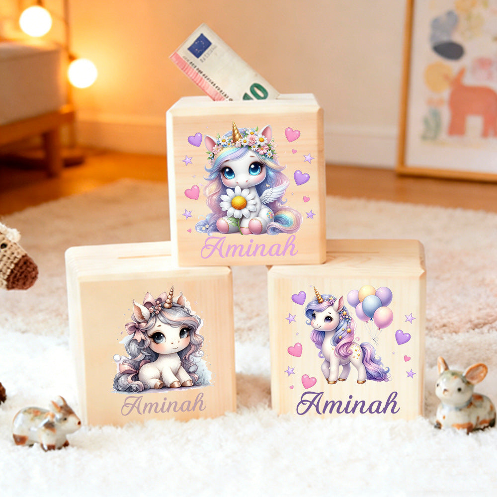 Tirelire cube en bois licorne, dix décors au choix
