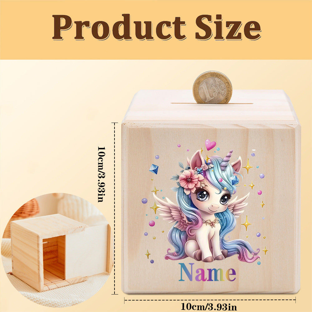 Tirelire cube en bois licorne, 14 motifs au choix