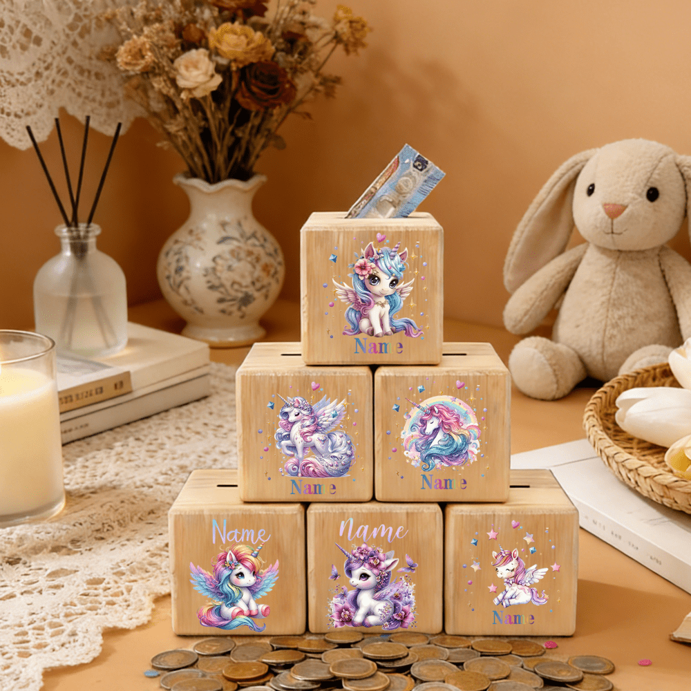Tirelire cube en bois licorne, 14 motifs au choix